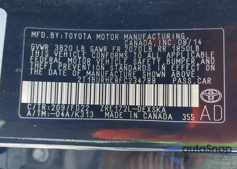 2015 Toyota Corolla S Plus z USA, uszkodzony, nr VIN 2T1BURHE8FC234788